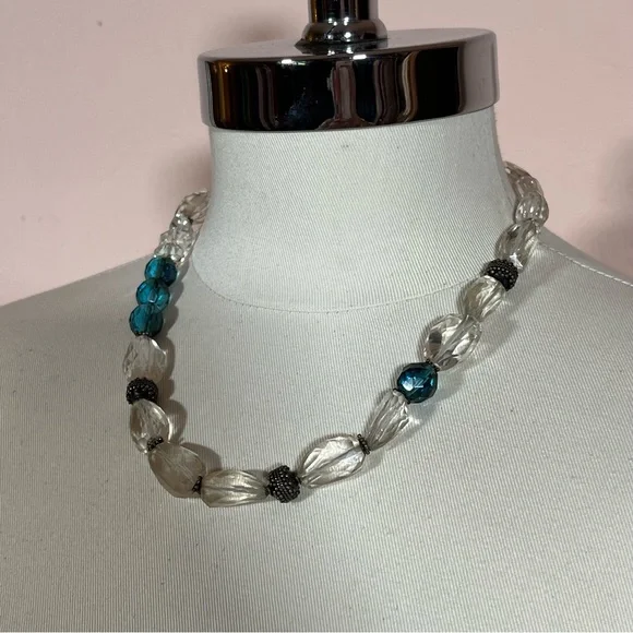 Vintage Bohemian Silver Heavy Clear Quartz Stone Blue Chunky Western Necklace
